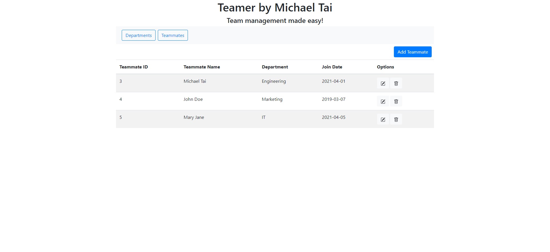 Screenshot of Teamer app